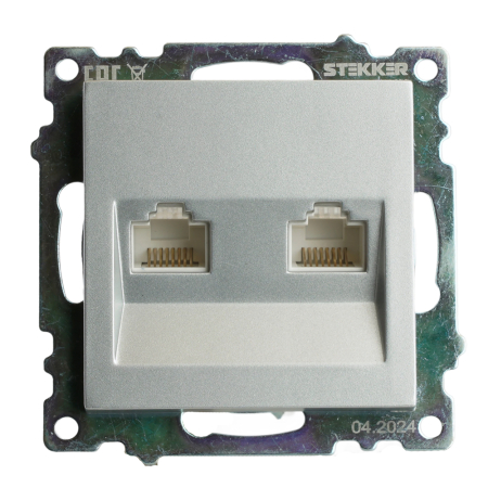 Розетка компьютерная 2-местная RJ-45 (механизм) STEKKER GLS00-7109-03 , серия Катрин, серебро 50005