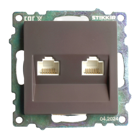 Розетка компьютерная 2-местная RJ-45 (механизм) STEKKER GLS00-7109-04, серия Катрин, шоколад 50006