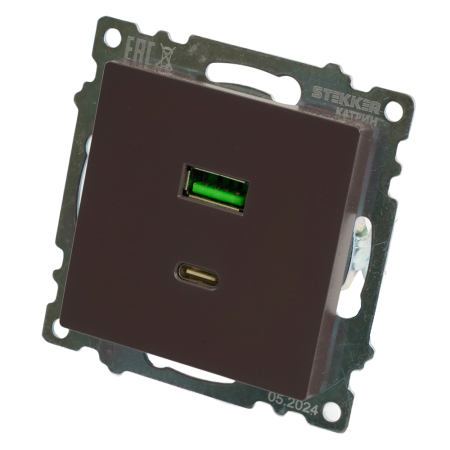 Розетка 2-местная USB + type C, STEKKER GLS10-7116-04, 250В, 3А, max 20W,серия Катрин, шоколад 50057