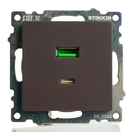Розетка 2-местная USB + type C, STEKKER GLS10-7116-04, 250В, 3А, max 20W,серия Катрин, шоколад 50057