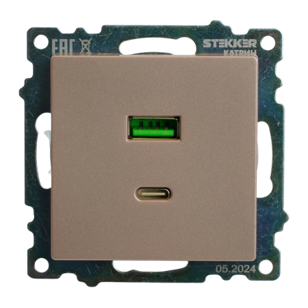 Розетка 2-местная USB + type C (механизм), STEKKER GLS10-7116-02, 250B, 3A, max 20W, серия Катрин, шампань 50056