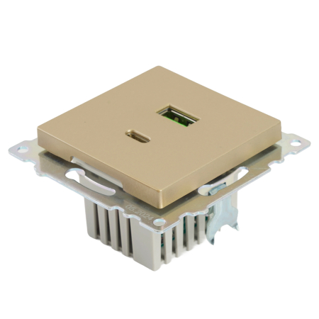 Розетка 2-местная USB + type C (механизм), 250В, 3А, max 20W, STEKKER, GLS10-7116-08, серия Катрин, золото 50053