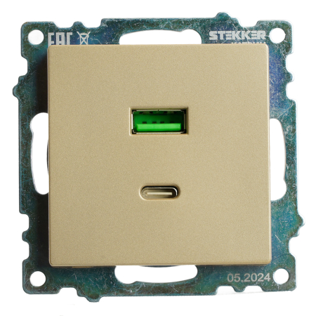 Розетка 2-местная USB + type C (механизм), 250В, 3А, max 20W, STEKKER, GLS10-7116-08, серия Катрин, золото 50053