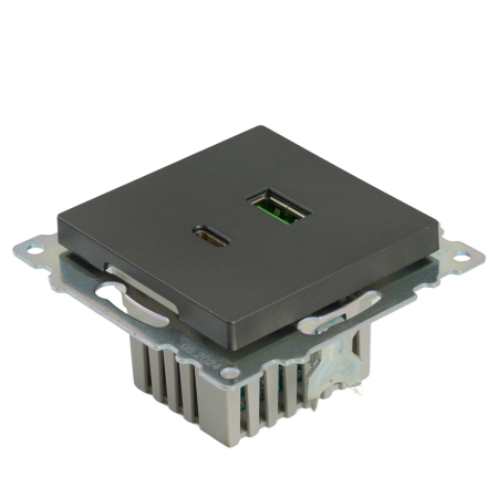 Розетка 2-местная USB + type C (механизм), 250В, 3А, max 20W, серия Катрин, графит, GLS10-7116-06 50052