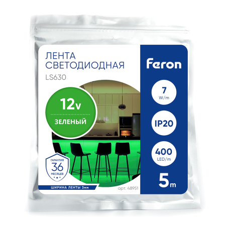 Лента светодиодная 400SMD(2110)/ 7Вт/м 12V 5000*3*1.8мм зеленый, IP20, LS630 FERON 48951