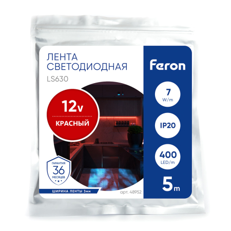 Лента светодиодная 400SMD(2110)/ 7Вт/м 12V 5000*3*1.8мм красный, IP20, LS630 FERON 48952