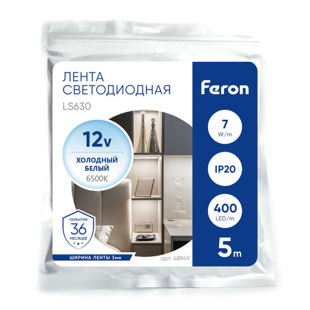Лента светодиодная 400SMD(2110)/ 7Вт/м 12V 5000*3*1.8мм 6500K, IP20, LS630 FERON 48949