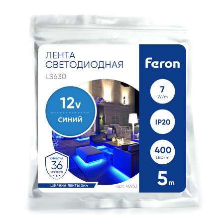 Лента светодиодная 400SMD(2110)/ 7Вт/м 12V 5000*3*1.8мм синий, IP20, LS630 FERON 48953