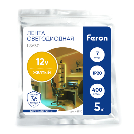 Лента светодиодная 400SMD(2110)/ 7Вт/м 12V 5000*3*1.8мм желтый, IP20, LS630 FERON 48950