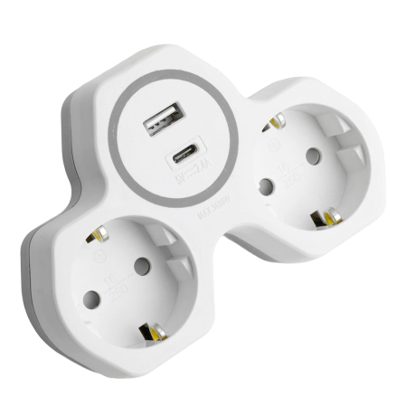 Разветвитель сетевой 2-местный с/з STEKKER ADP16-15-20, 250V, 16A и USB+Type C на 2.4А, белый/серый 50071