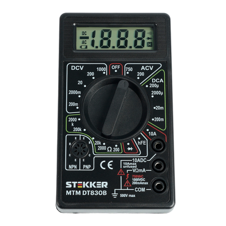 MTM DT830B Мультиметр цифровой, портативный,1999 отсчетов, батарея крона, ручная регулировка, черный, TM STEKKER 49992