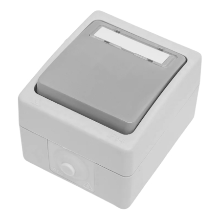 Выключатель 1-клавишный STEKKER, PSW10-214-54, открытой установки, 250В, 10А, IP54, белый/серый 49736