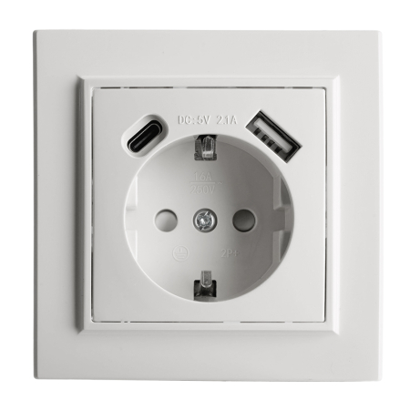 Розетка 1-местная STEKKER, PST16-9016-01, 250В, 2.1А с USB+ type C, серия Эрна, белый 50076