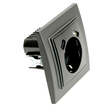Розетка 1-местная с/з STEKKER, PST16-9016-03, 250В, 16А с USB+ type C, серия Эрна, черный 50078