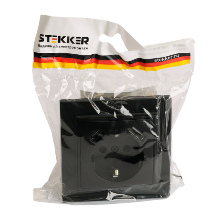 Розетка 1-местная с/з STEKKER, PST16-9016-03, 250В, 16А с USB+ type C, серия Эрна, черный 50078