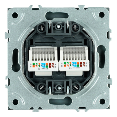 Розетка компьютерная 2-местная RJ-45 (механизм), STEKKER, серия Эмили, RST00-5111-05, черный уголь, soft touch 49848