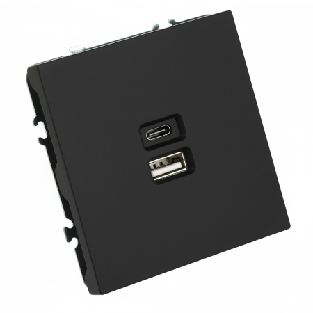 Розетка 2-местная USB + Type C (механизм), STEKKER, 250В, 20W, серия Эмили, RST10-5115-05, черный уголь, soft touch 49853