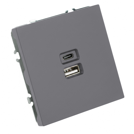 Розетка 2-местная USB + Type C (механизм), STEKKER, 250В, 20W, серия Эмили, RST10-5115-10, платиново-серый, soft touch 49957