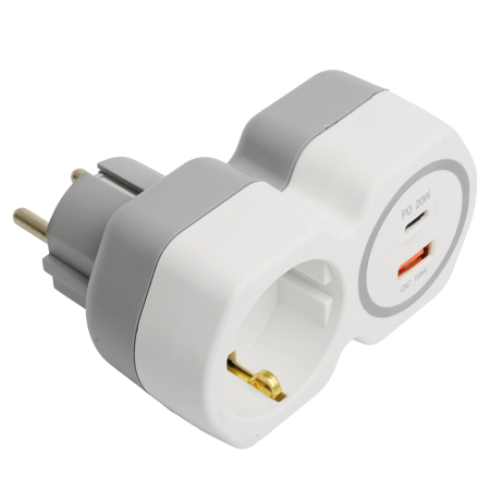 Разветвитель сетевой на 1 выход с/з STEKKER 250В, 16А, USB A+ Type C, 2,4А, PD, белый/серый, ADP16-16-20 50109