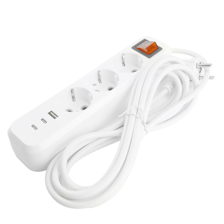 Удлинитель 3-местный с/з с выключ. STEKKER HM071-31-02 3x1мм2, 2м, 250В, 16А, 1USB+2C, 2.4A, сер Home, белый 50136
