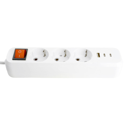 Удлинитель 3-местный с/з с выключ. STEKKER HM071-31-02 3x1мм2, 2м, 250В, 16А, 1USB+2C, 2.4A, сер Home, белый 50136