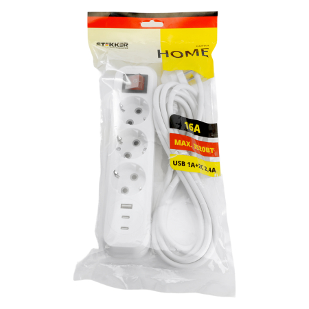 Удлинитель 3-местный с/з с выключ. STEKKER HM071-31-02 3x1мм2, 2м, 250В, 16А, 1USB+2C, 2.4A, сер Home, белый 50136