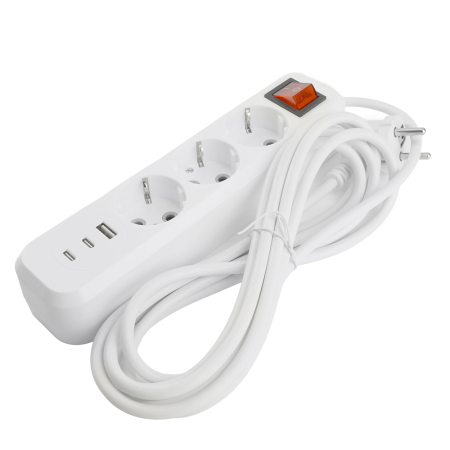 Удлинитель 3-местный с/з с выключ. STEKKER HM071-31-03 3x1мм2, 3м, 250В, 16А, 1USB+2C, 2.4A, сер Home, белый 50137