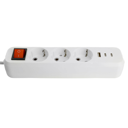 Удлинитель 3-местный с/з с выключ. STEKKER HM071-31-03 3x1мм2, 3м, 250В, 16А, 1USB+2C, 2.4A, сер Home, белый 50137