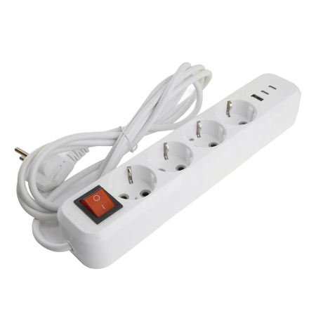 Удлинитель 4-местный с/з с выключ. STEKKER HM071-41-03 3x1мм2, 3м, 250В, 16А, 1USB+2C, 2.4A, сер Home, белый 50140