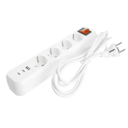 Удлинитель 4-местный с/з с выключ. STEKKER HM071-41-03 3x1мм2, 3м, 250В, 16А, 1USB+2C, 2.4A, сер Home, белый 50140
