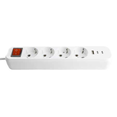 Удлинитель 4-местный с/з с выключ. STEKKER HM071-41-03 3x1мм2, 3м, 250В, 16А, 1USB+2C, 2.4A, сер Home, белый 50140