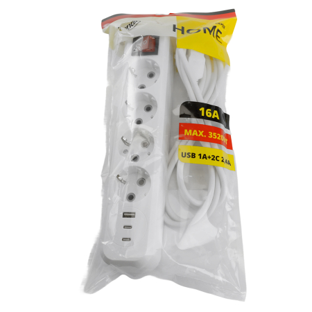 Удлинитель 4-местный с/з с выключ. STEKKER HM071-41-03 3x1мм2, 3м, 250В, 16А, 1USB+2C, 2.4A, сер Home, белый 50140