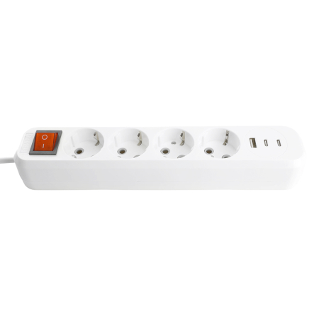 Удлинитель 4-местный с/з с выключ. STEKKER HM071-41-02 3x1мм2, 2м, 250В, 16А, 1USB+2C, 2.4A, сер Home, белый 50139