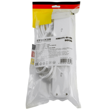 Удлинитель 4-местный с/з с выключ. STEKKER HM071-41-02 3x1мм2, 2м, 250В, 16А, 1USB+2C, 2.4A, сер Home, белый 50139