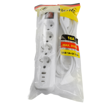 Удлинитель 4-местный с/з с выключ. STEKKER HM071-41-02 3x1мм2, 2м, 250В, 16А, 1USB+2C, 2.4A, сер Home, белый 50139
