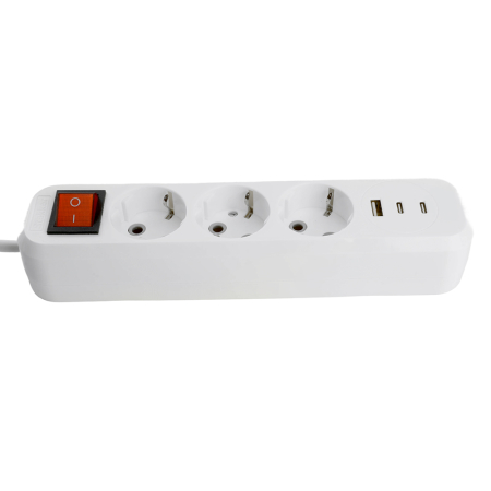 Удлинитель 3-местный с/з с выключ. STEKKER HM071-31-05 3x1мм2, 5м, 250В, 16А, 1USB+2C, 2.4A, сер Home, белый 50138