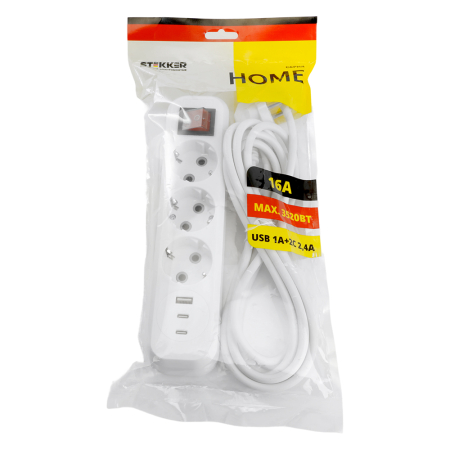 Удлинитель 3-местный с/з с выключ. STEKKER HM071-31-05 3x1мм2, 5м, 250В, 16А, 1USB+2C, 2.4A, сер Home, белый 50138