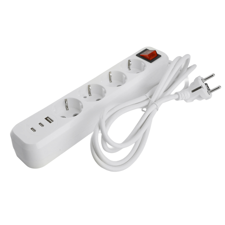 Удлинитель 4-местный с/з с выключ. STEKKER HM071-41-05 3x1мм2, 5м, 250В, 16А, 1USB+2C, 2.4A, сер Home, белый 50141