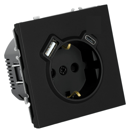 Розетка 1-местная з/ш с/з 16А + USB + Type C (механизм), Stekker, 250В, 20W, серия Эмили, черный уголь, soft-touch, RST16-5119-05 50218