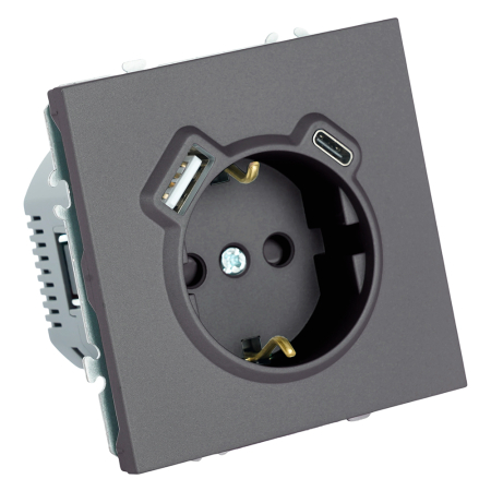 Розетка 1-местная з/ш с/з 16А + USB + Type C (механизм), Stekker, 250В, 20W, серия Эмили, платиново-серый, soft-touch, RST16-5119-10 50219
