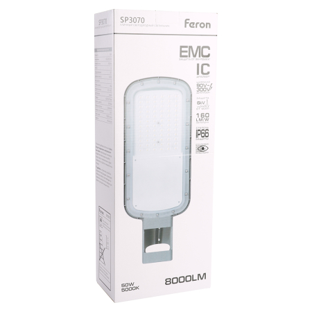 Светодиодный уличный консольный светильник Feron SP3070 50W 5000K AC90-300V, серый 51797