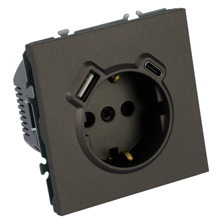 Розетка 1-местная з/ш с/з 16А + USB + Type C (механизм), STEKKER, 250В, 20W, серия Эмили, RST16-5119-09, антрацит, soft touch 50361