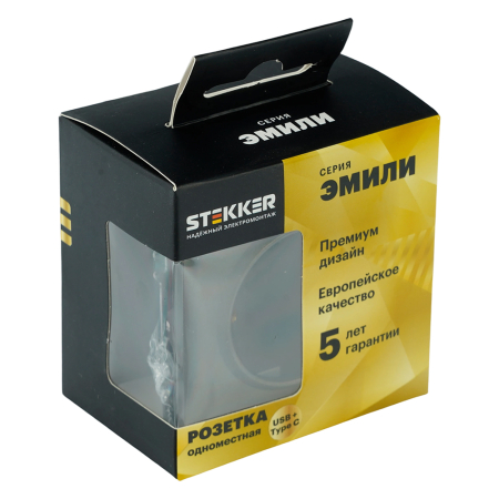 Розетка 1-местная з/ш с/з 16А + USB + Type C (механизм), STEKKER, 250В, 20W, серия Эмили, RST16-5119-09, антрацит, soft touch 50361