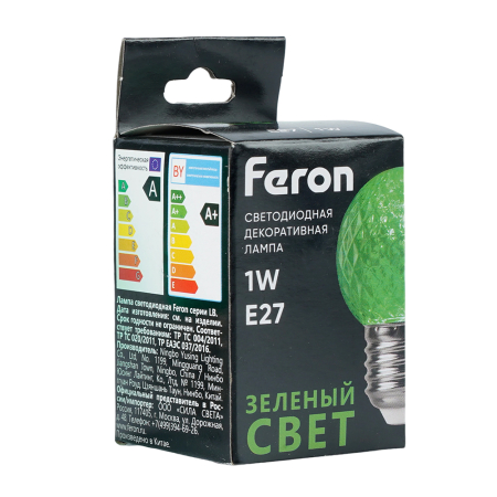 Лампа светодиодная Feron LB-385 Шарик зеленый прозрачный E27 1W 230V 52163