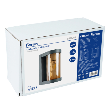 Светильник садово-парковый Feron DH1901, на стену, E27 230V, серый/янтарный 52189