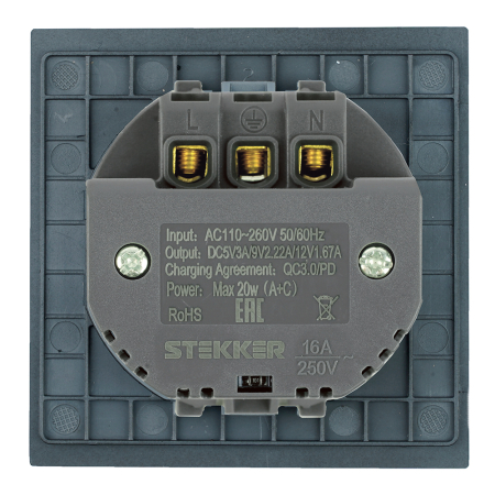 Розетка 1-местная з/ш с/з 16А + USB + Type C (механизм), STEKKER, 250В, 20W, серия Мия, RST16-3119-05, черный бархат 50452