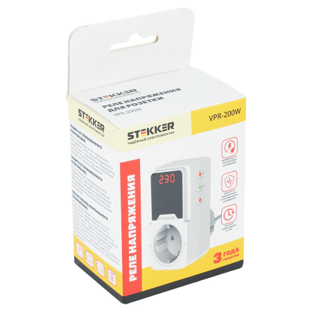 Реле напряжения для розетки регулируемое  STEKKER  VPR-200W, 230В,16A,белый 50689