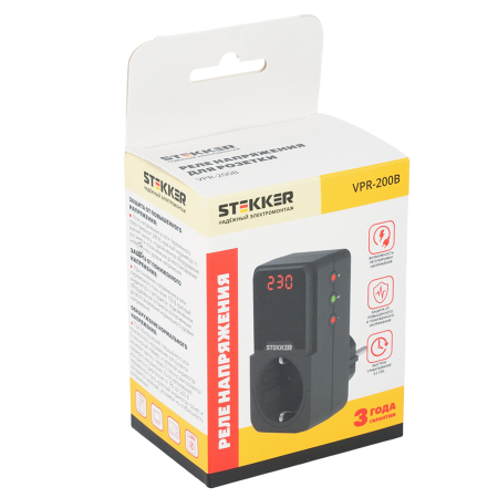 Реле напряжения для розетки регулируемое  STEKKER  VPR-200B, 230В,16A,черный 50690