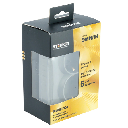 Розетка 2-местная с з/ш, с/з, СЗК, STEKKER, 250В, 16А, серия Эмили, RST16-5114-10ZK, платиново-серый, soft touch 50244
