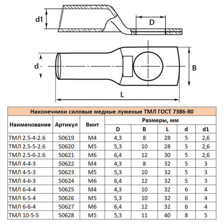 LD-TML-25-26 Наконечник медный луженый ТМЛ 2,5-4-2,6 ГОСТ 7386-80 50619
